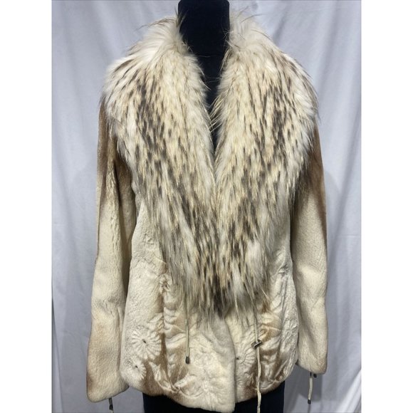 semi-sheared mink jacket browncross w/ raccoon collar (86017) - Picture 1 of 3